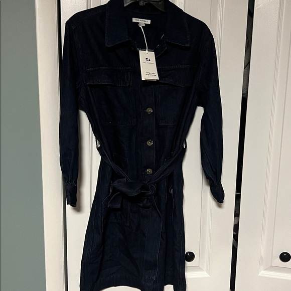 Free Assembly Women's Belted Denim Utility Mini Dress with Long Sleeves - Picture 2 of 8